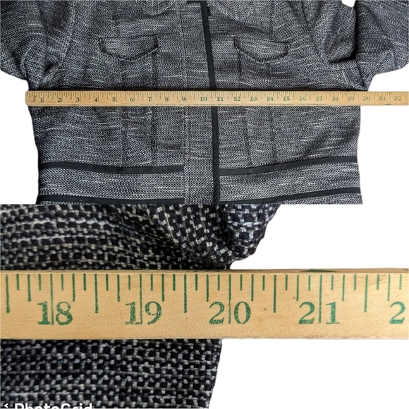 14P Black White Tweed Fitted Blazer 3/4 Sleeve Contrast Trim Abstract Stripe - Picture 8 of 13